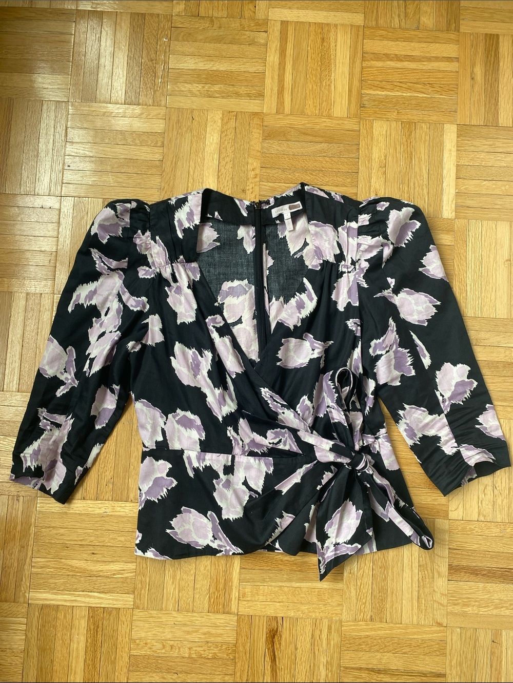 Rebecca Taylor Black Faux Wrap Top with Lavender Floral Print
